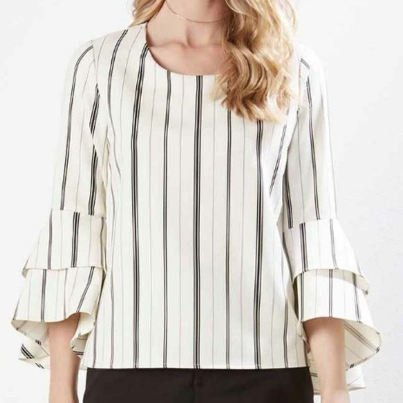 Karen Kane Tops - Karen Kane Ivory/Black Stripe Stretch Crepe Tiered Bell Sleeve Top